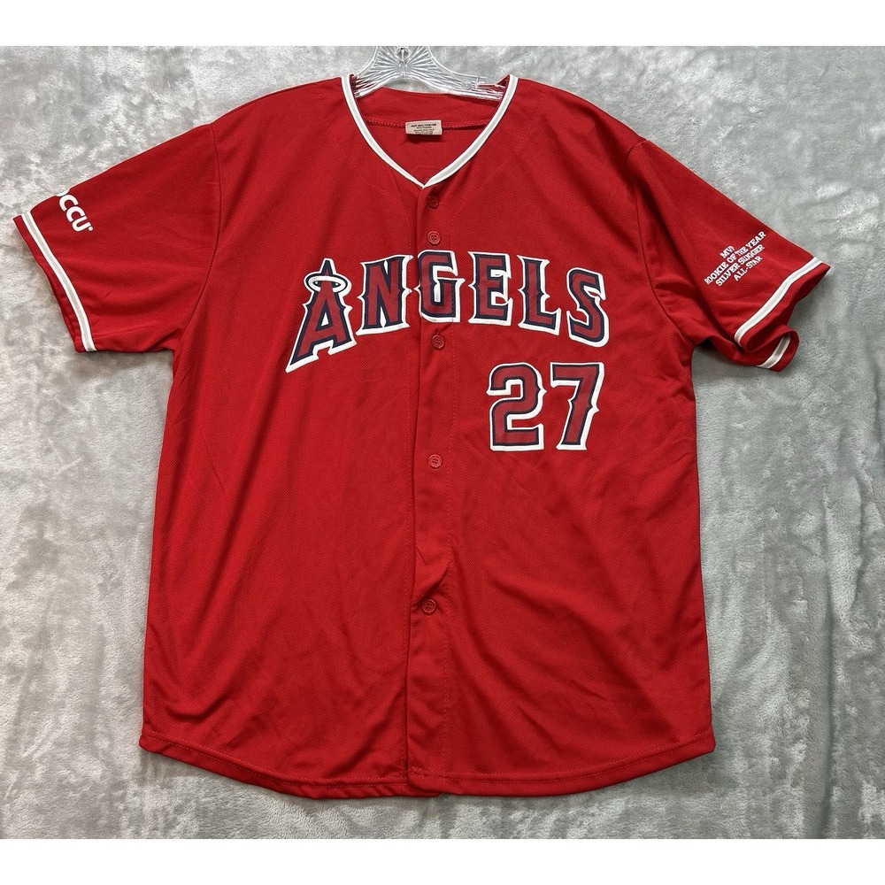 Men's Mike Trout #27 Red Kloanz LA Angels Jersey Size XL SGA MLB Baseball Button
